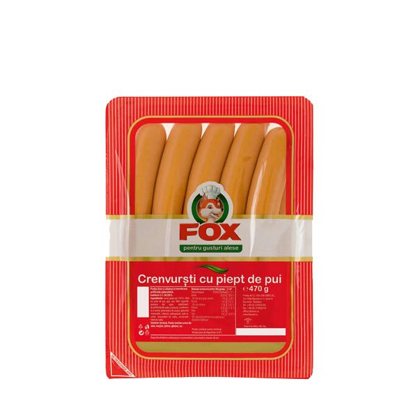 Fox Cremwurști cu piept de pui (Membrană artificială) Fox Cremwurști cu piept de pui (Membrană artificială)