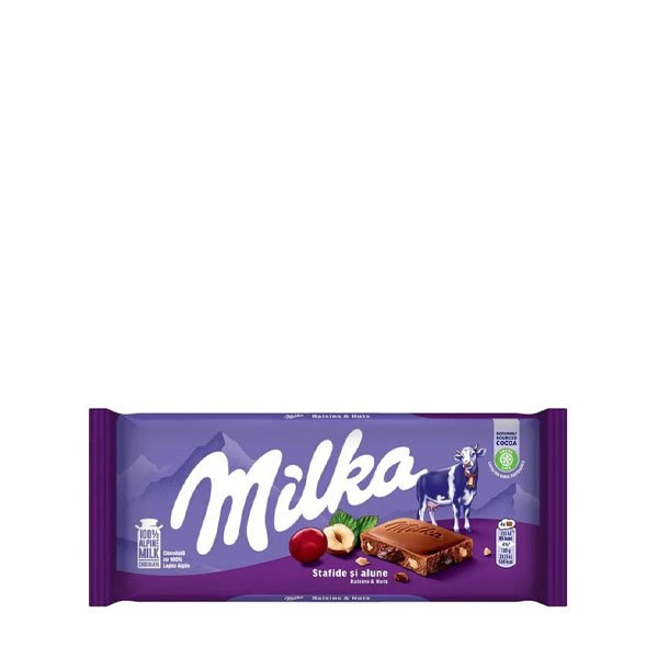 Milka ciocolata cu alune si stafide 90GR Milka ciocolata cu alune si stafide 90GR